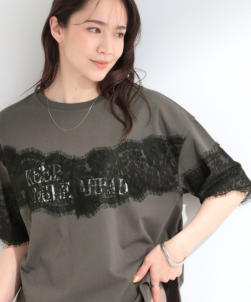 【ひんやり/洗濯機可】レースデザインでこなれ見え ロゴプリントTシャツ