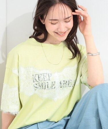 【ひんやり/洗濯機可】レースデザインでこなれ見え ロゴプリントTシャツ