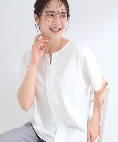 【ひんやり／UV／通勤】洗濯後しわになりにくい メタルポイントスキッパートップス