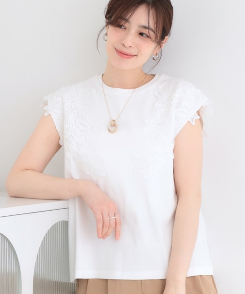 【ひんやり/S-LL/洗濯機可】女性らしさ溢れるモチーフレース スムースTシャツ
