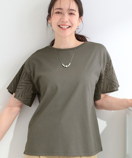【汗じみ防止/ひんやり/S-LL】レースが華やか お袖フレアTシャツ