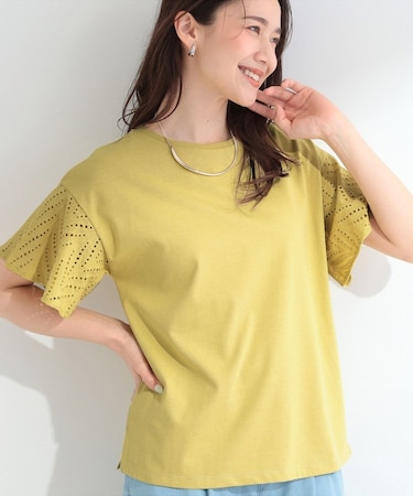 【汗じみ防止/ひんやり/S-LL】レースが華やか お袖フレアTシャツ