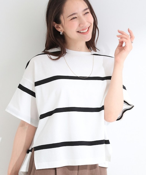 【SHOO ICE】ひんやり太ボーダー斜め切り替えTシャツ