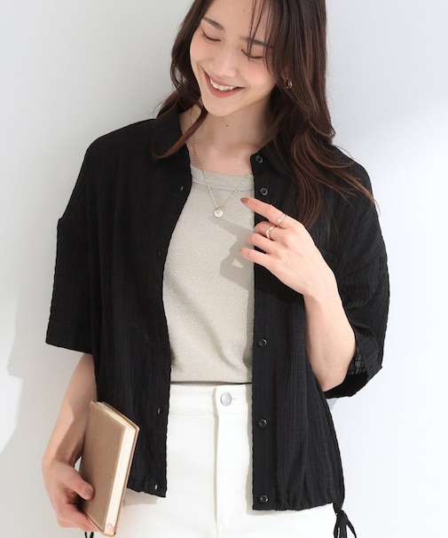 【S-LL/洗濯機可/体型カバー】さらさら シャーリングシフォン 裾ドロストシャツ