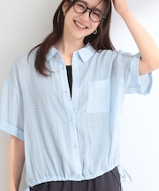 【S-LL/洗濯機可/体型カバー】さらさら シャーリングシフォン 裾ドロストシャツ