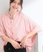 【ひんやり/洗濯機可/体型カバー】二の腕隠れる ゆるっとドルマンバンドカラーシャツ