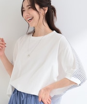 【ひんやり/体型カバー/洗濯機可】二の腕隠れる 前後切替ドルマンTシャツ