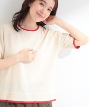 【二の腕隠れる/コットン混】配色使いで差がつく 洗える五分袖ニット