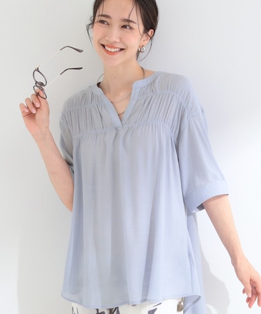 【ひんやり/UV】お袖の長さが調整出来る シャーリングスキッパーブラウス