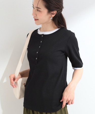 【S-LL/洗濯機可】二の腕隠れる 配色レイヤード風 ヘンリーネック5分袖Tシャツ