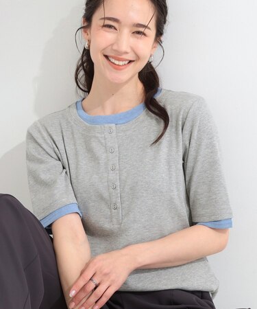 【S-LL/洗濯機可】二の腕隠れる 配色レイヤード風 ヘンリーネック5分袖Tシャツ