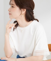 【ひんやり/UV/洗濯機可】お袖レースが上品 ゆったりとろみトップス