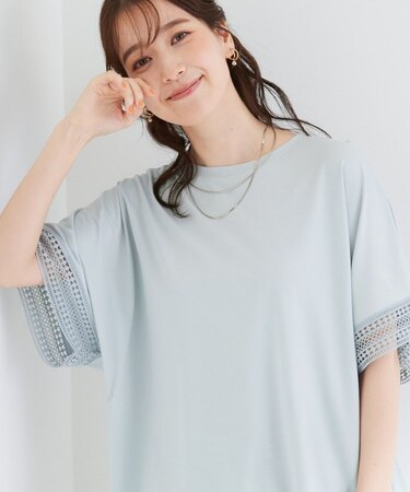 【ひんやり/UV/体型カバー】ヒップ周りが隠せる お袖レースTシャツ