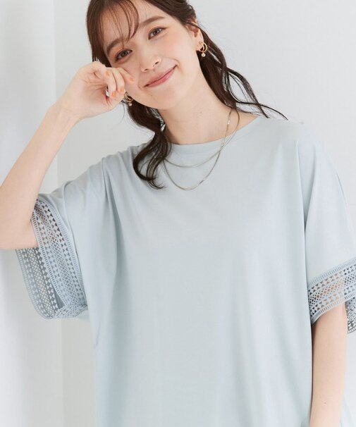 【ひんやり/UV/体型カバー】ヒップ周りが隠せる お袖レースTシャツ