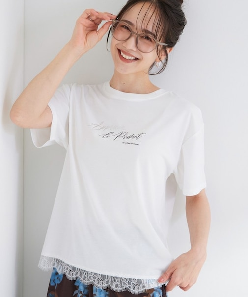 【ひんやり/UV/S-LL/洗濯機可】裾レースが大人上品 プリントアソートTシャツ