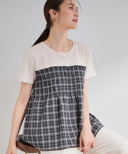 【S-LL/洗濯機可】着るだけサマ見え 柄アソートビスチェ風ドッキングTシャツ
