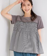 【S-LL/洗濯機可/体型カバー】インせずサマ見え ビスチェ風異素材ドッキングTシャツ