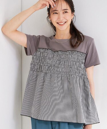 【S-LL/洗濯機可/体型カバー】インせずサマ見え ビスチェ風異素材ドッキングTシャツ