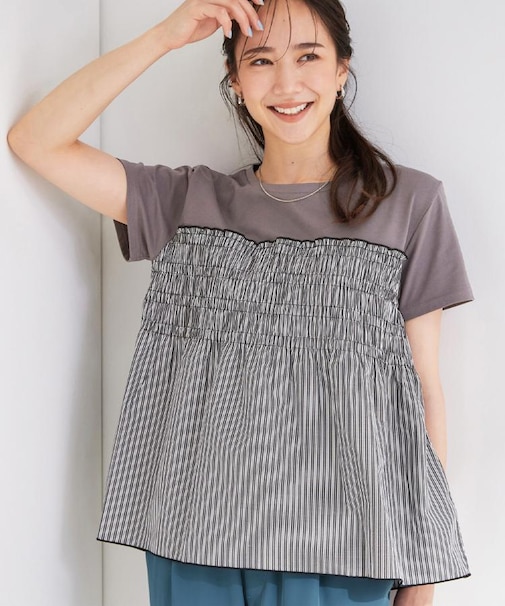 【S-LL/洗濯機可/体型カバー】インせずサマ見え ビスチェ風異素材ドッキングTシャツ