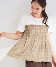 【S-LL/洗濯機可/体型カバー】インせずサマ見え ビスチェ風異素材ドッキングTシャツ