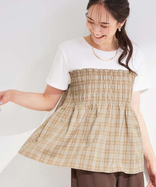 【S-LL/洗濯機可/体型カバー】インせずサマ見え ビスチェ風異素材ドッキングTシャツ