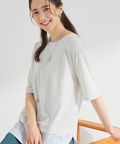 【インせず着られる/二の腕隠れる】重ね着風 シャツドッキングトップス