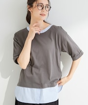 【インせず着られる/二の腕隠れる】重ね着風 シャツドッキングトップス
