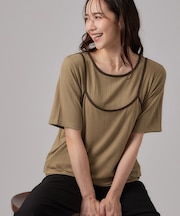 【2点セット】ランダムテレコで細見え  配色使いTシャツ+キャミソール