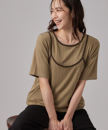 【2点セット】ランダムテレコで細見え  配色使いTシャツ+キャミソール