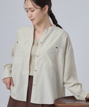【洗濯後しわになりにくい/S-LL】キーネック金ボタンポケットシャツ