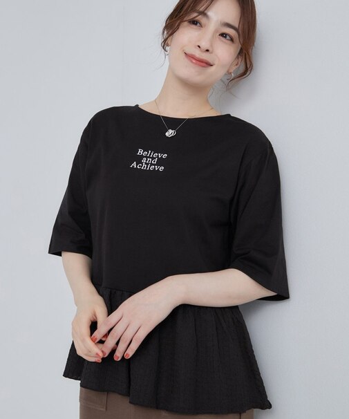 【S-LL】自然に体型カバー 裾切替 ペプラム刺繍Tシャツ