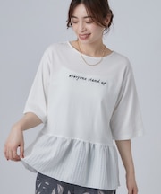 【S-LL】自然に体型カバー 裾切替 ペプラム刺繍Tシャツ