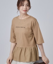 【S-LL】自然に体型カバー 裾切替 ペプラム刺繍Tシャツ