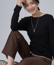 【毛玉になりにくい/S-LL/洗濯機可】ボートネックで首元美しく やわらかリブニット