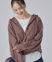 裾ドロスト フードチェックシャツ