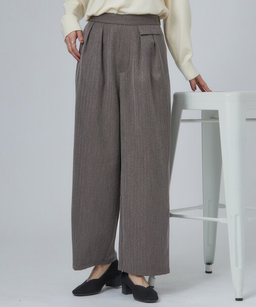 【S-LL/洗濯後しわになりにくい】お腹周りを自然にカバー ヘリンボーン タックワイドパンツ