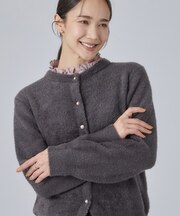 【S-LL】パール調ボタンで上品 ふわふわな ミニフェザーカーディガン