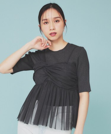 《ツインセット》アシメチュールキャミ×ラメリブニット【洗濯機洗い可】