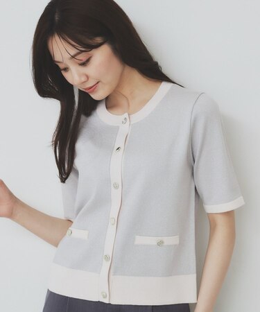 ラメバイカラー半袖カーディガン【洗濯機洗い可】