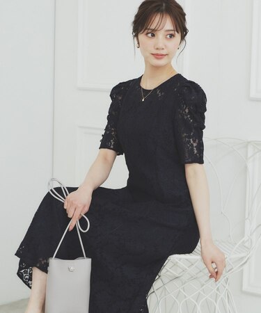 総レースギャザースリーブワンピース【洗濯機洗い可】