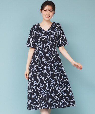 《美人百花掲載》リボン柄タックスリーブワンピース【洗濯機洗い可/イージーアイロン】