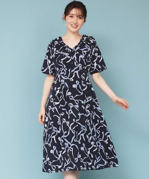 《美人百花掲載》リボン柄タックスリーブワンピース【洗濯機洗い可/イージーアイロン】