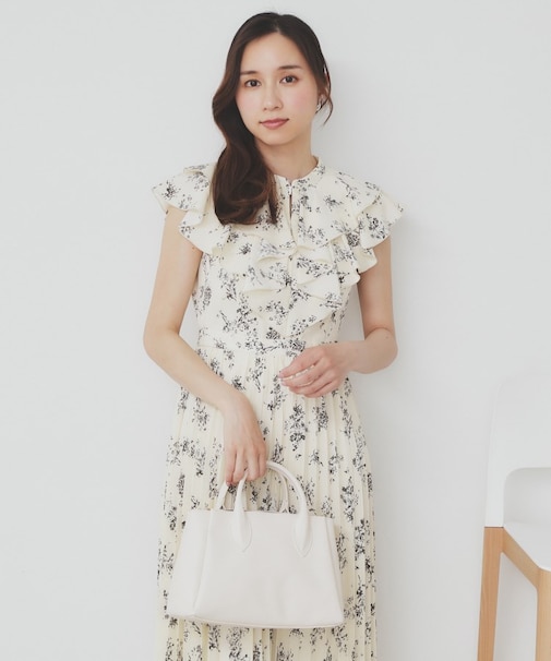 《美人百花掲載》フリルプリーツ花柄ワンピース【洗濯機洗い可/イージーアイロン/防シワ】