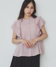 ダブルフリルバンドカラーブラウス【洗濯機洗い可/イージーアイロン/防シワ】