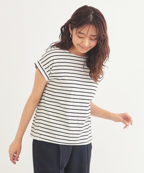 《5color》サイドボタン付き フレンチスリーブトップス【接触冷感/洗濯機洗い可】