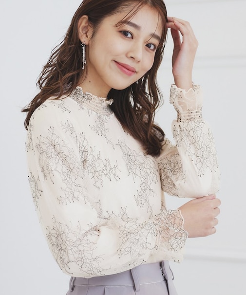 シャーリング総レーストップス【洗濯機洗い可】