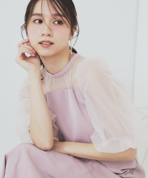 ドットチュールスリーブドッキングワンピース【洗濯機洗い可】