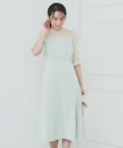 ドットチュールスリーブドッキングワンピース【洗濯機洗い可】