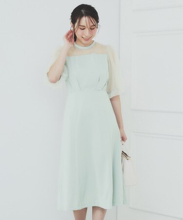 ドットチュールスリーブドッキングワンピース【洗濯機洗い可】