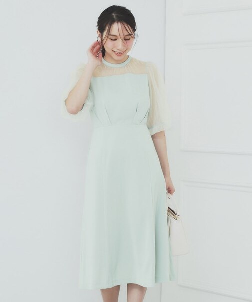 ドットチュールスリーブドッキングワンピース【洗濯機洗い可】